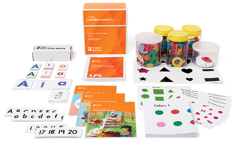 Group of Imagine Sonday System LPL printed product materials and manipulatives to teach reading.